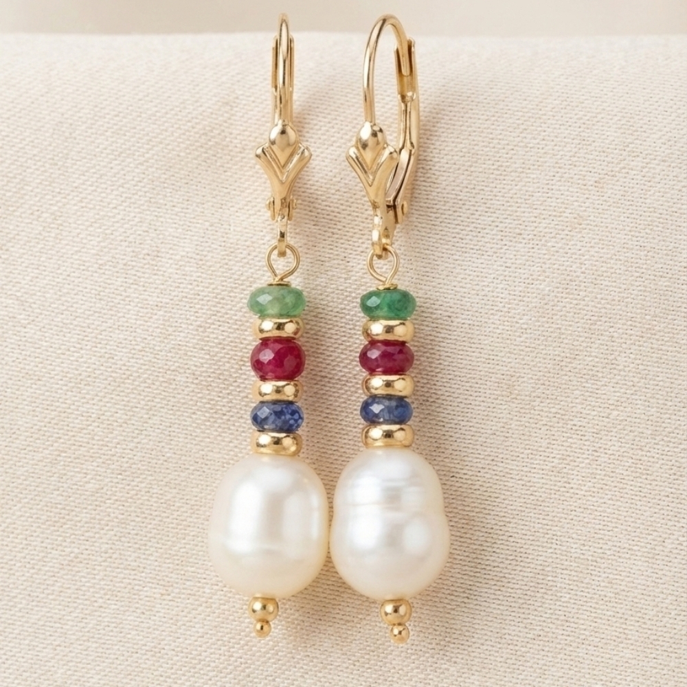 14K Gold Ruby Emerald Sapphire Pearl Earrings
